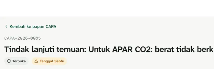 Detail CAPA di Amanin menampilkan judul tindak lanjut temuan dengan status Terbuka dan tenggat Sabtu