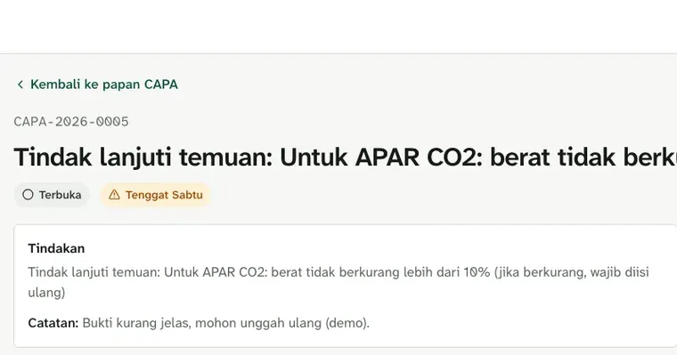 Detail CAPA di Amanin menampilkan uraian tindakan tindak lanjut temuan dan catatan verifikasi