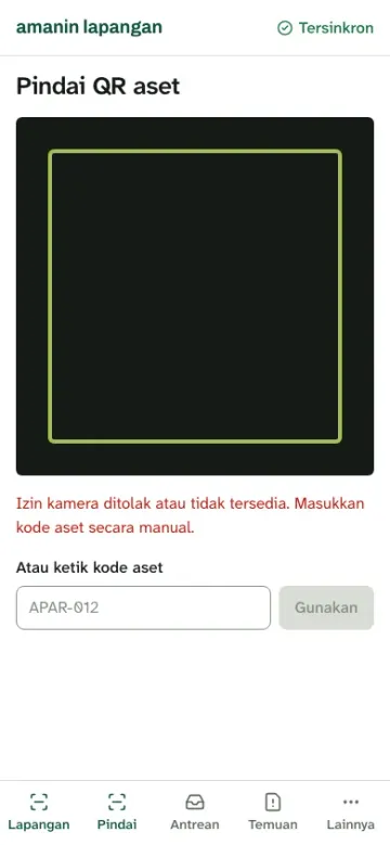 Layar pindai QR aset di Amanin Lapangan dengan kolom masukkan kode aset secara manual