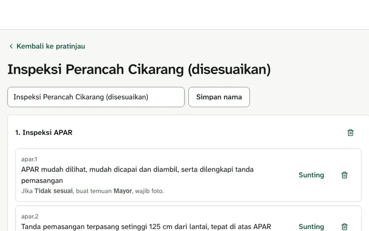 Editor template Inspeksi Perancah Cikarang di Amanin menampilkan daftar kriteria dan tombol Sunting